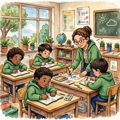 Una profesora ayudando a unos niños a pintar