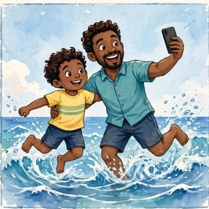 Un papá y su hijo saltando entre las olas